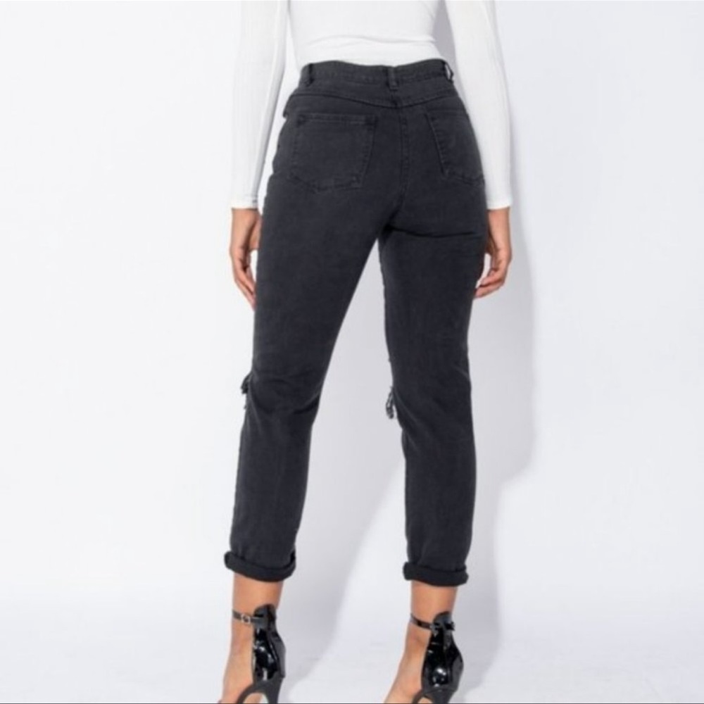 Black High Waist Ripped Distressed Cuffed Boyfriend Jeans Denim Pants - Picture 4 of 9